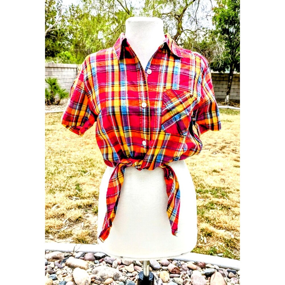 Western Erika Red Plaid Spakle Thread Crop Tie-Front Cotton Button Shirt Top EUC